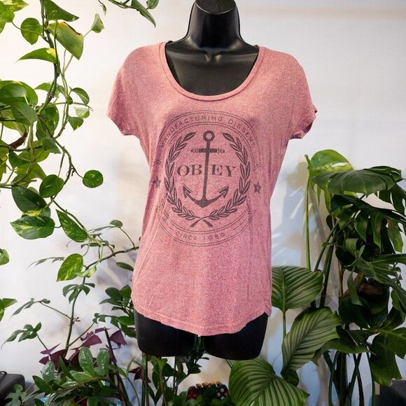 Obey Pink Anchor Design Graphic T-Shirt, Size XS - Picture 4 of 5